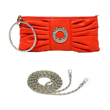 Evening Bag - 12 PCS - Pleated PU Leather w/ Rhinestone Loop Wristlet - Red - BG-7070M-RD